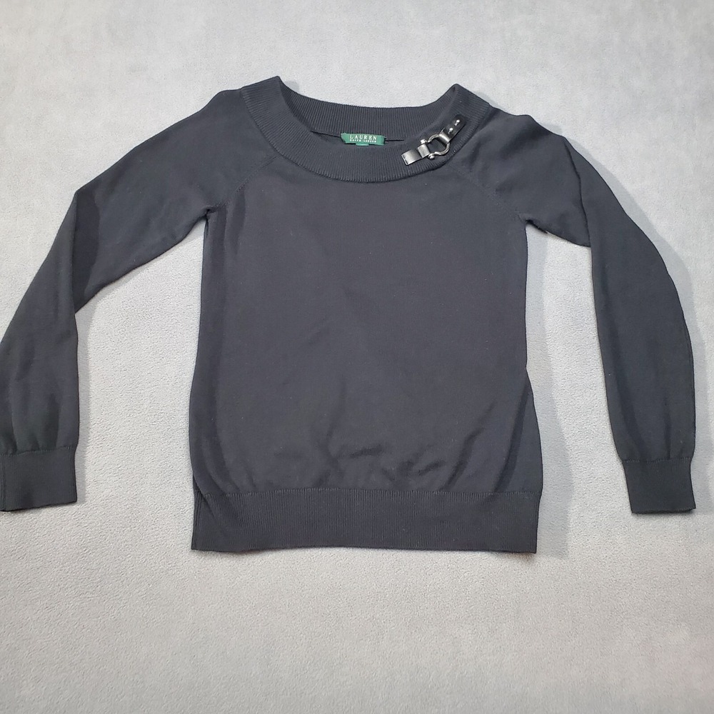 Lauren Ralph Lauren Top Sweater Womens Medium Black Pullover Buckle Neck Accent